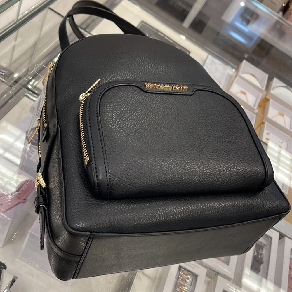 MICHAEL KORS Jaycee Medium zip pocket Pebbled Leather Backpack BLACK col…
